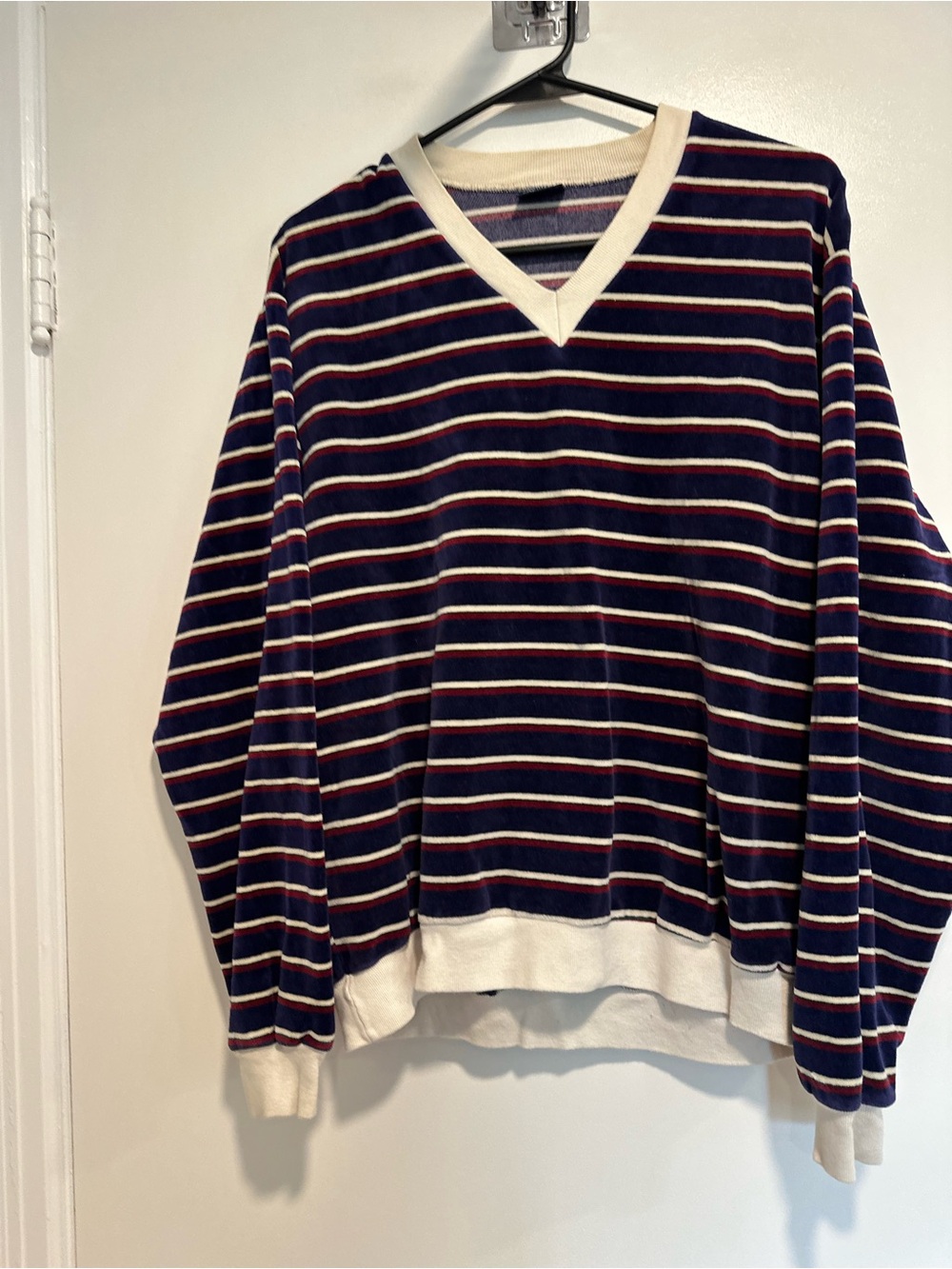 VTG 80s Jockey Sz:L Red White Blue Striped velour pullover Vneck sweatshirt